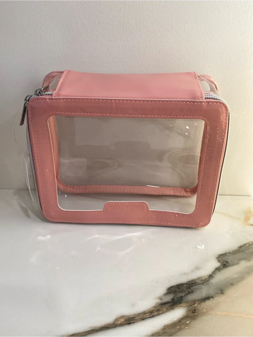 BEAUTYSPACE Clear Pink Travel Cosmetic Bag with Trim NWT